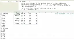 Excel z formułą LET, która przetwarza dane z kolumny A, tworząc tabelę z datami, godzinami, procentami i liczbami. Ta zaawansowana funkcja indeks excel pozwala na efektywne zarządzanie danymi.