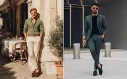 Dos hombres lucen elegantes. Uno con camisa verde y pantalones beige, el otro con traje verde. Verde y marrón combinan a la perfección.