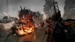 Gracz celuje z broni w potężnego potwora w płomieniach, walcząc z zombie. To scena z gry Dying Light The Beast, gdzie wymagania sprzętowe są kluczowe.