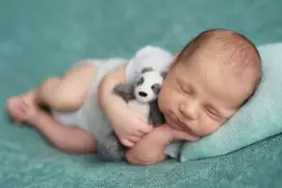Słodki, 2 miesięczne dziecko śpi wtulone w pluszową pandę na turkusowym tle.