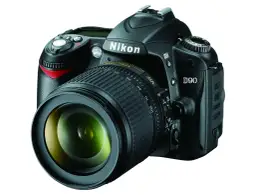 Czarna lustrzanka cyfrowa Nikon D90 z obiektywem.
