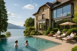 Piscine à débordement devant un hôtel de luxe avec vue sur le lac et des personnes en peignoir détendant sur des chaises longues.