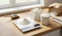 Waga kuchenna z mąką, szklane miarki z mąką i metalowa łopatka.