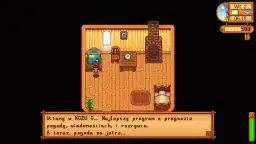 Postać w grze Stardew Valley stoi w pokoju obok telewizora, na którym wyświetla się tekst.