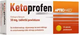 Opakowanie leku Ketoprofenum 50 mg, tabletki powlekane, 20 sztuk. Pomaga na ból.