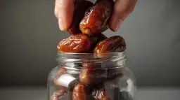 Eine Hand legt saftige Datteln in ein Glas. Perfekt zum Einfrieren und für süße Momente.