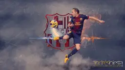 Andrés Iniesta w skoku kopie piłkę na tle herbu FC Barcelony.