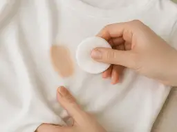 Mano aplicando disco de algodón sobre mancha de maquillaje en camiseta blanca. Aprende como quitar manchas de maquillaje de la ropa.