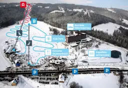 Widok na zakopane stok narciarski z trasami, wyciągami, hotelem Bachleda, karczmą i basenem geotermalnym.