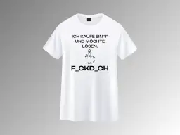 Weißes T-Shirt mit schwarzem Aufdruck: "Ich kaufe ein 'I' und möchte lösen." und Mittelfinger-Symbol.