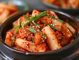 Miseczka z pikantnym kimchi z rzodkiewki, posypana sezamem i szczypiorkiem.