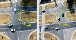 Dwa rodzaje zawracania na egzaminie: na lewym zdjęciu zawracanie z pasa ruchu, na prawym z pasa do skrętu w lewo.