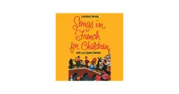 Ilustracja z okładki płyty "Songs in French for Children" z tańczącymi postaciami i miasteczkiem.