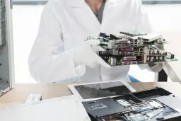 Ręce w rękawiczkach trzymają stos płyt głównych. Zastanawiasz się, co zrobić ze starego laptopa? Recykling to dobry pomysł.