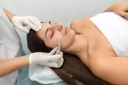 Una esteticista realiza un dermaplaning facial a una mujer, eliminando vello fino y células muertas con un bisturí.