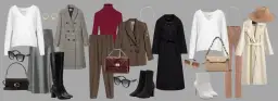Elegancka stylizacja na randkę jesienią: płaszcze, marynarki, swetry, spodnie, spódnica, buty i torebki w stonowanych kolorach.
