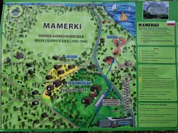 Mapa kompleksu bunkrów w Mamerkach, z zaznaczonymi obiektami z lat 1941-1944, w tym podziemnym tunelem i rekonstrukcją U-Boota.