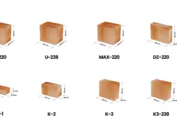 Różne modele pustaków ceramicznych z podanymi wymiarami: U-238 (250x188x238 mm), MAX-220 (250x188x220 mm), DZ-220 (288x80x220 mm), K-1 (120x65 mm), K-2 (250x120x140 mm), K-3 (250x120x220 mm), K3-238 (250x120x238 mm).