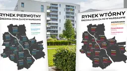 Dwie mapy Warszawy z cenami mieszkań na rynku pierwotnym i wtórnym na tle nowoczesnego budynku.