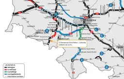 Mapa drogowa Dolnego Śląska z zaznaczonymi drogami krajowymi i autostradami. Winieta węgry pokazuje fragment S3 Kamienna Góra Północ - Lubawka oddanie do ruchu.