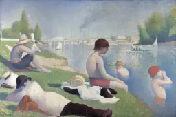 Badende Menschen am Flussufer, im Stil des Pointillismus gemalt.