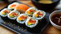 Rolki sushi z łososiem, awokado i mango, posypane sezamem, na czarnym talerzu z sosem sojowym.