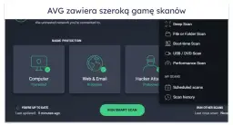 Interfejs AVG oferuje różne opcje skanowania, w tym głębokie, plikowe, rozruchowe i USB. To dobry **test antywirusów**.