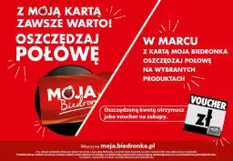 Czerwona grafika z napisem "Z moją kartą zawsze warto oszczędzaj połowę" i kartą Moja Biedronka.