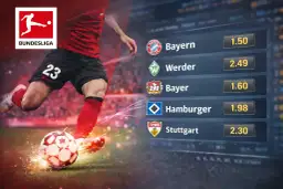 Piłkarz w akcji, logo Bundesligi i lista drużyn z kursami: Bayern, Werder, Bayer, Hamburger, Stuttgart.