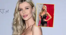 Joanna Krupa, której wiek nie przeszkadza w prezentowaniu się w zmysłowej stylizacji, pozuje w czarnym body i rajstopach na tle czerwonej kurtyny.