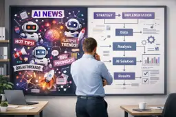 Mężczyzna analizuje tablicę z informacjami o ai sztucznej inteligencji: "AI NEWS", roboty, wykresy i proces od strategii do wyników.
