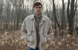 Sebastian Keller w beżowej kurtce i z krzyżem na szyi, w tle las.