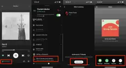 Trzy ekrany aplikacji Spotify pokazujące tworzenie sesji grupowej i udostępnianie linku.