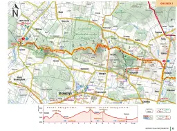 Mapa szlaku turystycznego główny szlak świętokrzyski, z zaznaczonymi punktami, odległościami i profilami terenu.