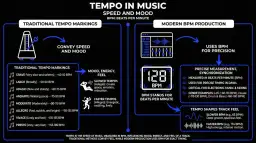 Metronom i cyfrowe wskaźniki BPM ilustrują symbol wolnego tempa i jego wpływ na nastrój muzyki, od tradycyjnych oznaczeń po nowoczesną produkcję.