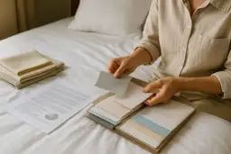 Manos revisan muestras de tela, incluyendo opciones de poliéster reciclado, junto a documentos y textiles doblados sobre una cama.