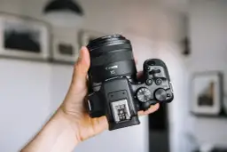 Dłoń trzyma aparat Canon z obiektywem 35mm. Zastanawiasz się, jakie aparaty fotograficzne wybrać? Ten model to świetny wybór.