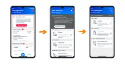Trzy ekrany aplikacji mobilnej pokazujące różne funkcje, w tym e-recepty i e-skierowania.