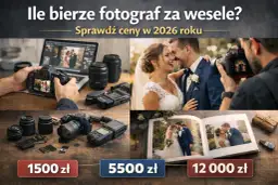 Zdjęcie przedstawia kolaż: aparat, obiektywy, lampy błyskowe, para młoda, album ślubny i ceny.