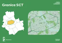 Mapa Warszawy z zaznaczonym obszarem kraków strefa czystego transportu. Obok szczegółowy plan miasta z wyznaczoną SCT.