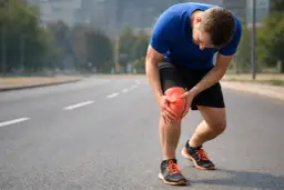 Biegacz trzymający się za bolące, zaczerwienione kolano na drodze.