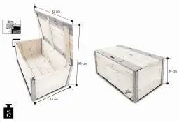 Otwarta i zamknięta drewniana skrzynia z wymiarami: 93x54x39 cm, waga 17 kg. Idealna do przechowywania.