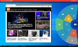 Strona benchmark.pl z recenzjami sprzętu. W tle okno z ikonami, przypominające menu AnyDesk.