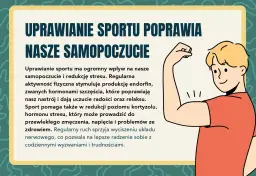 Ilustracja mężczyzny pokazującego biceps na tle tekstu o korzyściach sportu.