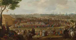 Obraz przedstawia historyczną scenę elekcji króla Polski z licznym zgromadzeniem ludzi, namiotami i pałacem w tle.