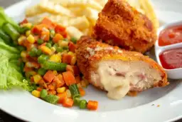 Kotlet po szwajcarsku z rozpływającym się serem, frytkami i warzywami. Pyszny obiad gotowy do spożycia.