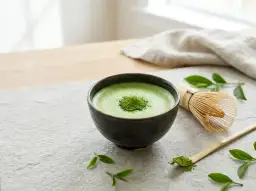 Zielona, spieniona matcha w miseczce, obok bambusowa miotełka i łyżeczka z proszkiem. To idealny sposób, by dowiedzieć się, co to matcha.
