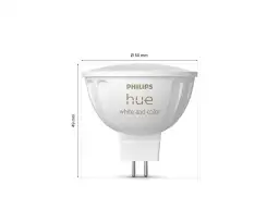 Żarówka Philips Hue, biała i kolorowa, o średnicy 50 mm i wysokości 49 mm.