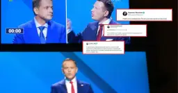 Debata polityczna, na ekranie pojawiają się tweety o aferach Platformy Obywatelskiej, m.in. o nielegalnym finansowaniu kampanii.