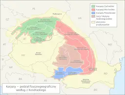 Mapa pokazuje, gdzie leżą Karpaty w Polsce, dzieląc je na Karpaty Zachodnie i Wschodnie, z zaznaczonymi Podkarpaciem.